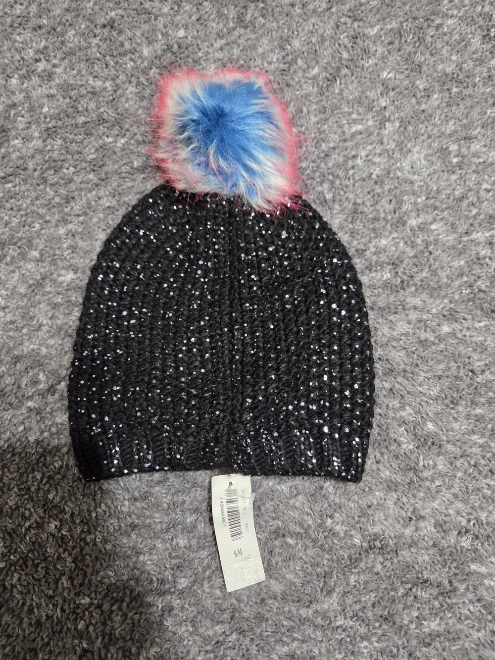 Old Navy Black Sparkle Knit Beanie with Blue and Pink Faux Fur Pom